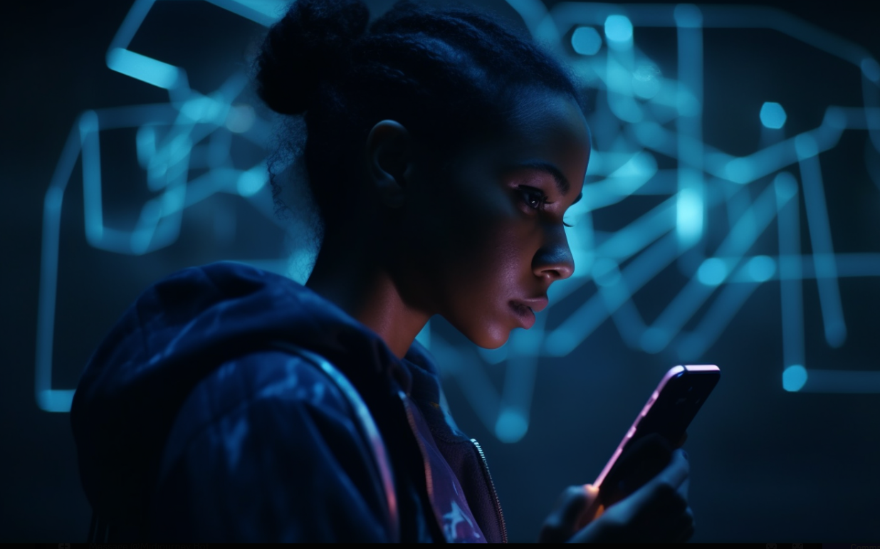 A woman sits alone in a softly lit room, gazing at her phone screen with quiet focus, suggesting an emotional connection with an AI companion app.